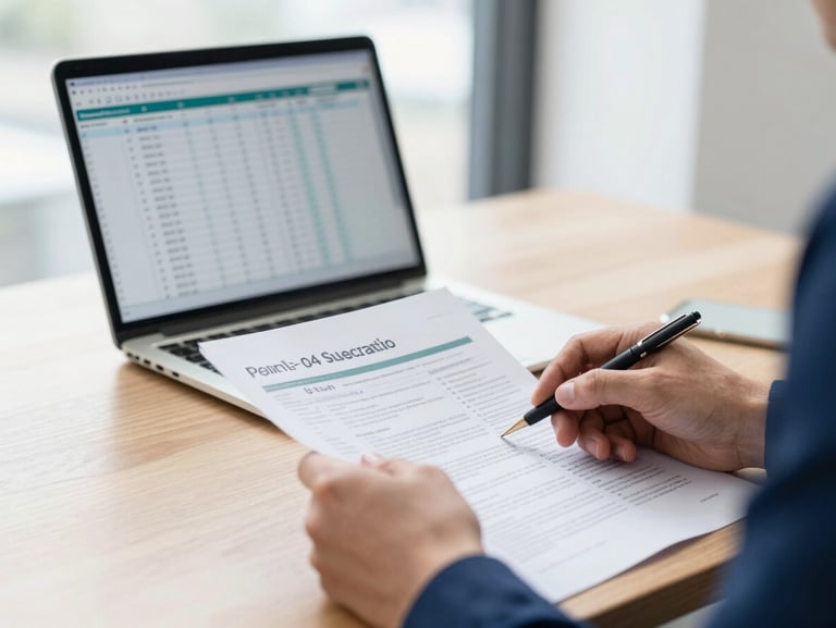 A close-up of professional hands reviewing Australian tax documents on a clean wooden desk, a laptop screen showing a neat spreadsheet in the background, soft natural window light, deep blue accents, shallow depth of field, 35mm