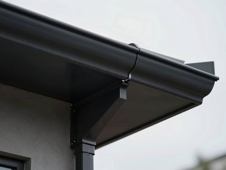Extreme close-up architectural detail of a flush-mounted solar tile meeting a matte-black steel roof gutter, razor-sharp alignment, clean geometric lines, soft overcast daylight, sharp focus on the zero-tolerance seam.