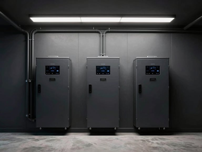 Symmetrical, straight-on architectural shot of a minimalist luxury garage interior with three premium battery storage units mounted on a matte charcoal wall, perfectly parallel conduit runs concealed behind the panels, dramatic low-key lighting.