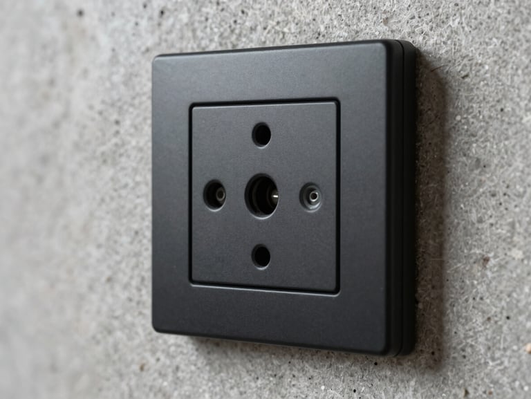 Extreme close-up of a premium matte-black switchplate mounted on a raw concrete wall, showing clean-run conduit entering with zero-tolerance precision, sharp dramatic highlights.