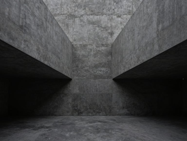 Symmetrical architectural concrete structure with sharp geometric shadows and clean lines, minimalist, low-key dramatic lighting, slate gray tones, sharp focus, 35mm