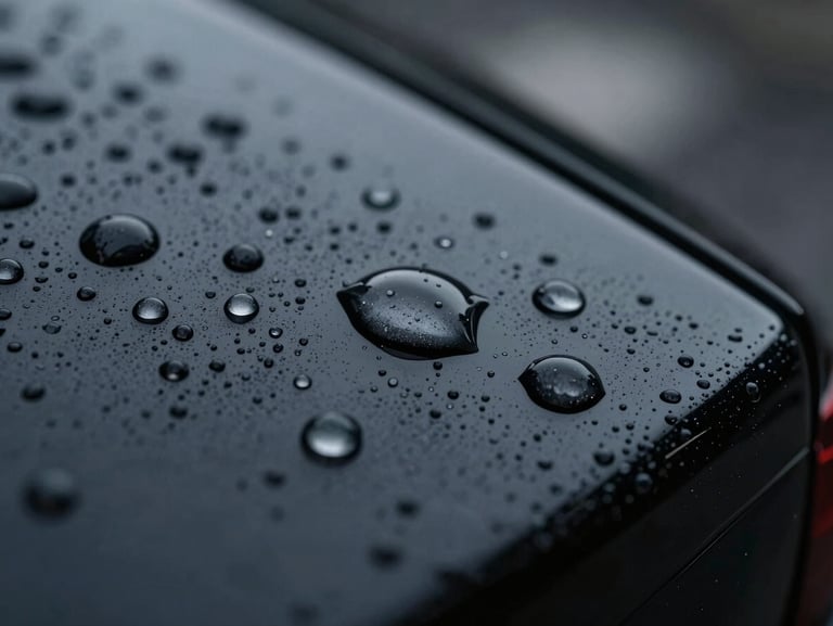 Macro shot of water-beading on a freshly applied ceramic coating, perfect spherical droplets resting on a deep black glossy surface.
