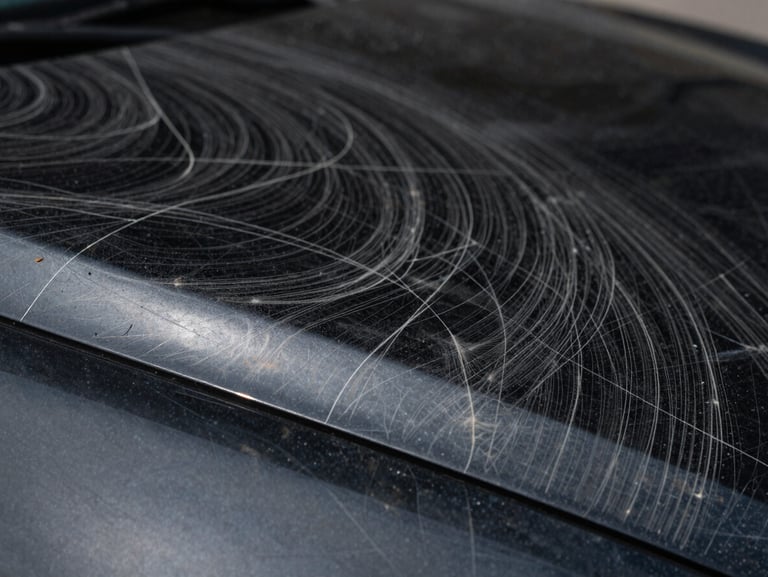 Macro extreme close-up of a scratched, swirly black car paint under harsh white LED spotlight, showing heavy spiderweb scratches and oxidation.