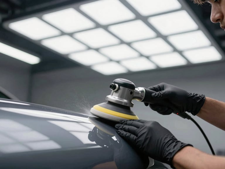 A technician wearing black nitrile gloves using a dual-action polisher on a dark car panel, under a bright white LED inspection light grid.