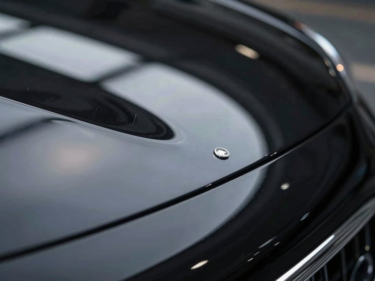 Macro extreme close-up of flawless, mirror-like black car paint under white LED spotlight, perfectly corrected with zero scratches and razor-sharp reflection.