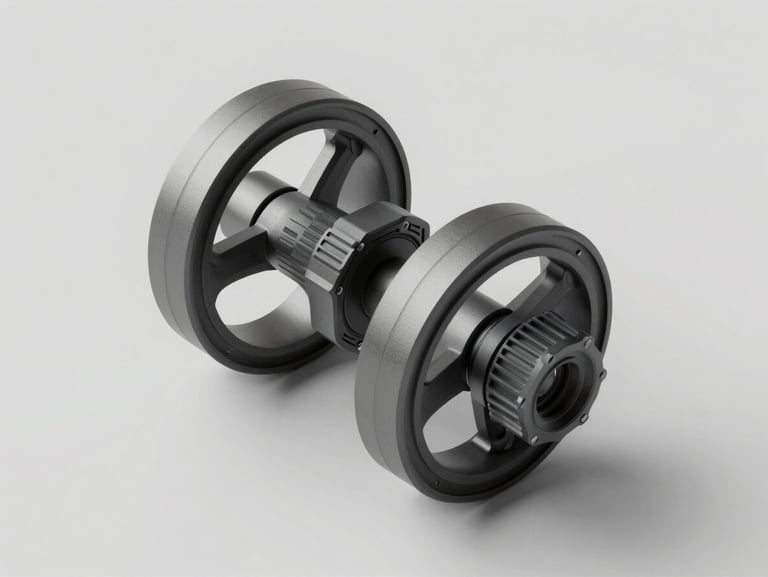 45-degree render of a complex hard-surface model shown in full — multiple interlocking parts, soft studio lighting, isolated on clean light gray, sharp geometry reads across the full frame