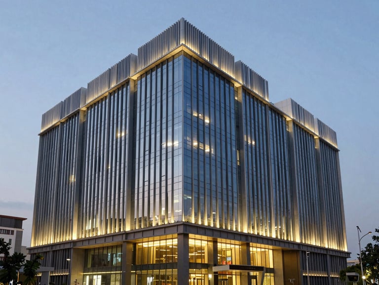 Contemporary commercial office building facade in Gurgaon business district, twilight architectural lighting, 35mm