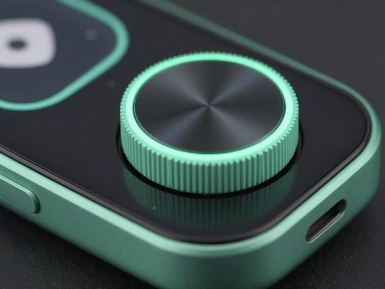 Macro shot of a sleek dark-mode productivity widget with mint green accents, tactile dials, glass reflections, 35mm