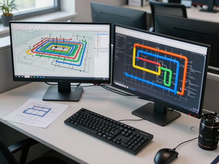 Overhead wide shot of a technical workstation showing two monitors with a federated BIM model, hydraulic pipe systems highlighted in distinct colors against structural elements, cool north-facing office daylight, tidy desk with engineering notes, no people visible