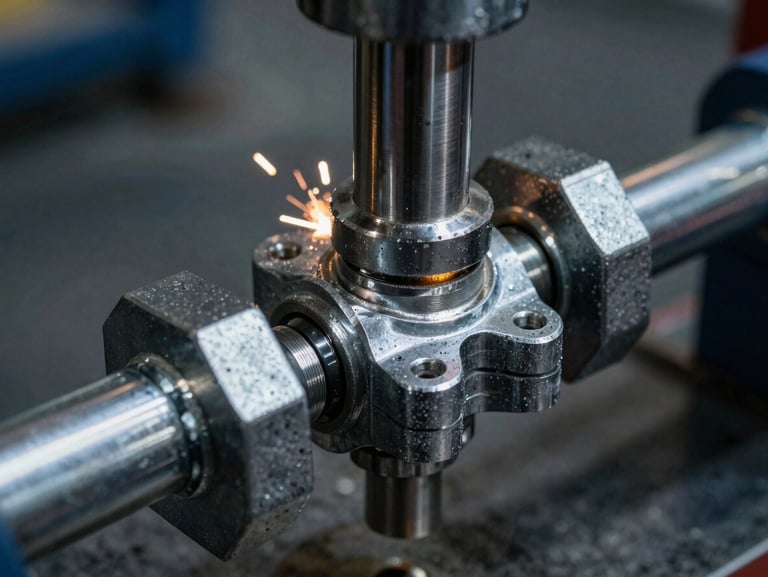 Macro close-up of a hydraulic press load-testing a steel scaffolding coupler, high-contrast industrial lighting, metallic textures, 35mm.