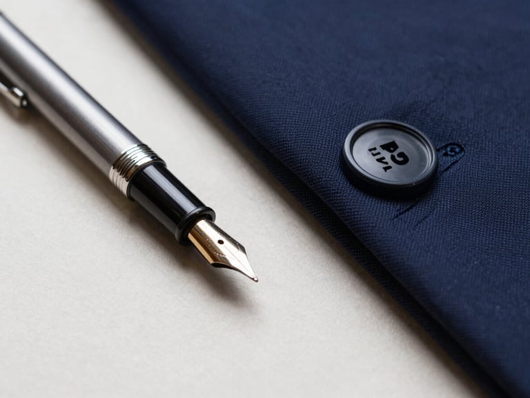 Macro close-up of a bespoke tailored suit sleeve and a fountain pen resting on heavy textured cotton paper, soft natural side light.