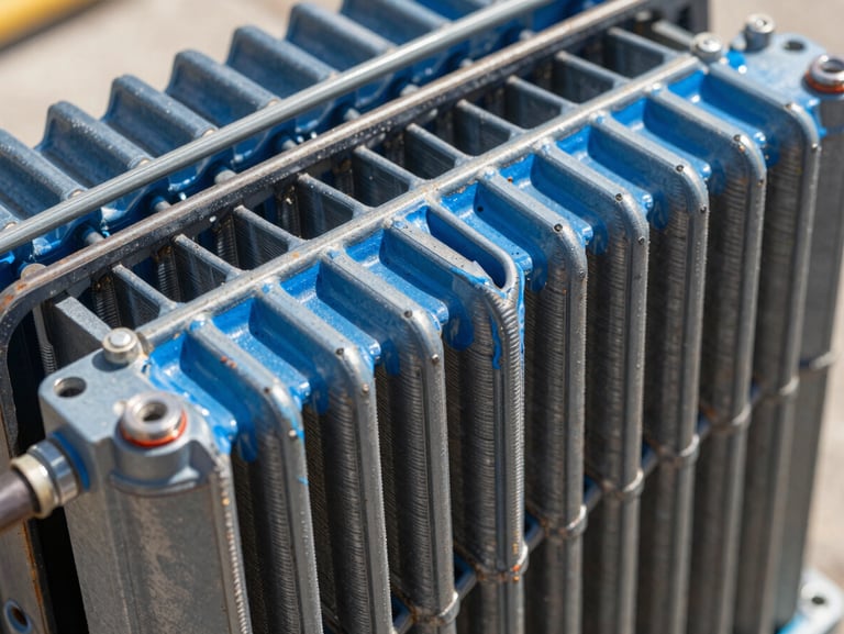 Macro shot of a marine-grade coated condenser coil showing blue protective layer, bright Florida sunlight highlighting the technical details of the rust-resistant fins.