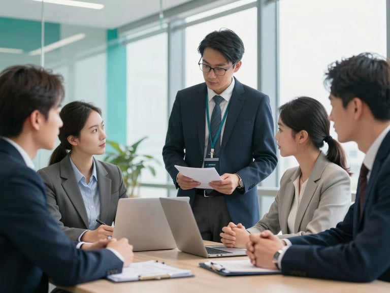 A group of professional business educators in a bright, modern corporate office, collaborating around a table, professional attire, natural daylight, teal accents.
