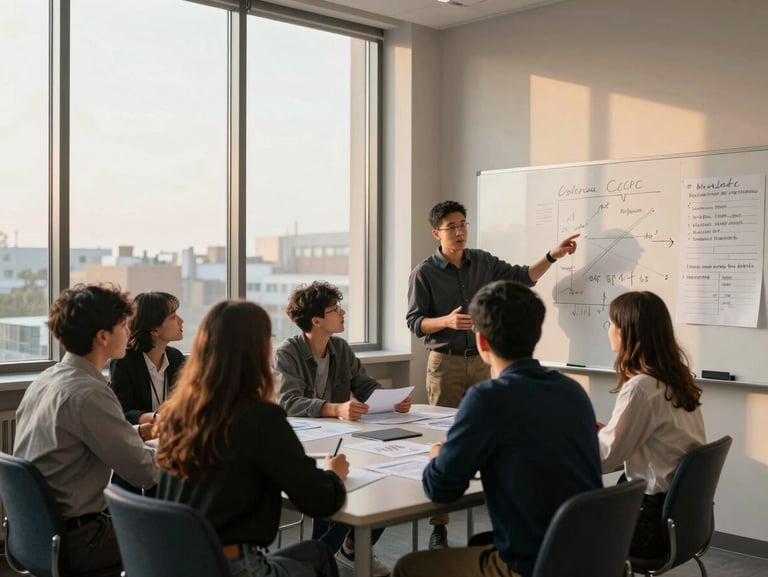 Wide environmental shot, golden afternoon light through tall windows: a small cohort of students seated around a rectangular table covered in whiteboards and printed financial worksheets, mid-discussion, one student gesturing toward a handwritten market analysis on the board behind them