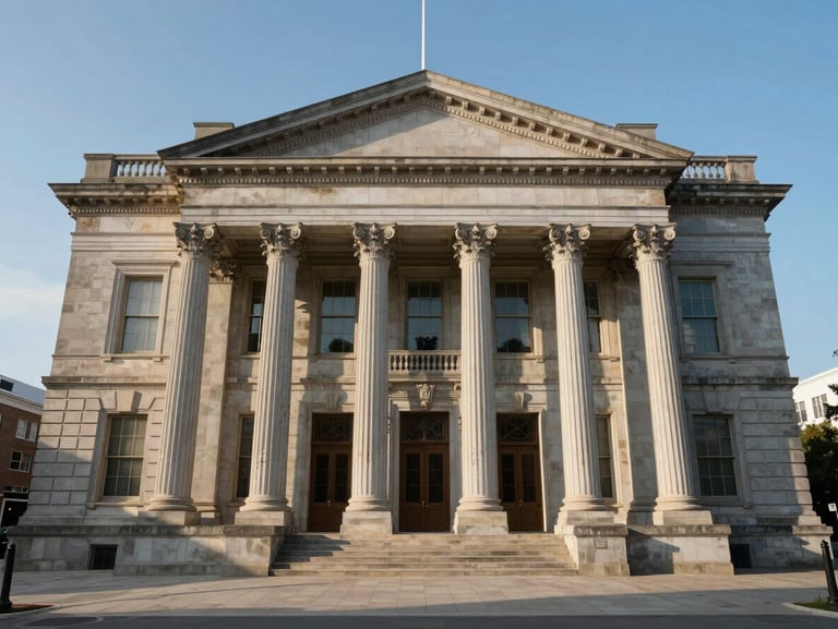 Wide-angle architectural shot of a classical county courthouse facade with stone pillars, captured in clean morning daylight with clear blue sky.
