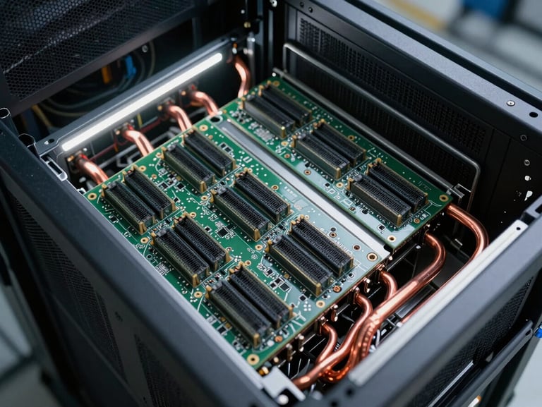 Close-up overhead study of a high-density server rack interior, rows of DIMM slots and copper heat pipes in sharp focus, cool white LED strip lighting casting precise shadows across the PCB surface, no people, clinical manufacturing aesthetic