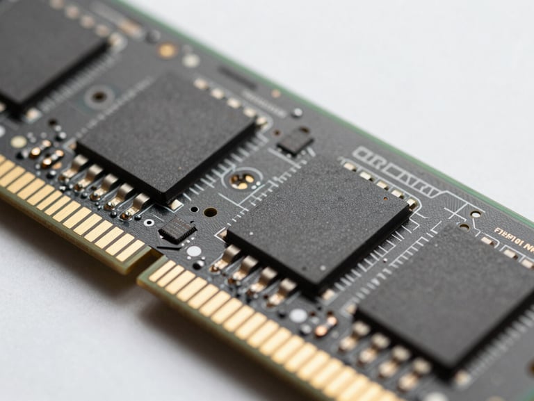 Extreme close-up of a DDR3 memory module, gold contact fingers and black PCB substrate in sharp focus under studio strobe lighting, cool white background, clinical framing revealing trace geometry and IC markings