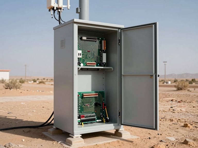 Wide shot of outdoor telecom tower base station equipment cabinet open in a desert environment, circuit boards and connectors visible inside the cabinet door, harsh direct sun casting hard shadows on gray metal enclosures, no people