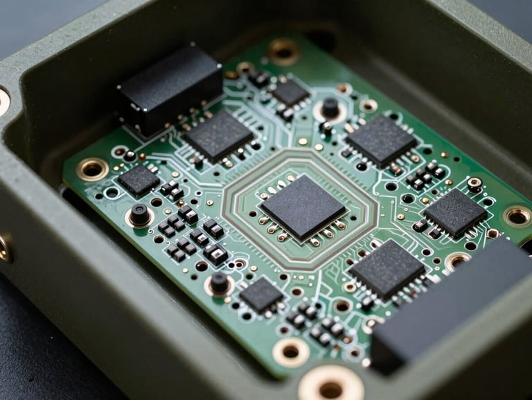 Extreme close-up of a ruggedized military-grade electronics chassis interior, conformal-coated PCBs with through-hole components under hard studio strobe, matte olive-green aluminum housing edge visible on the left, cool clinical lighting with crisp shadow definition, no people