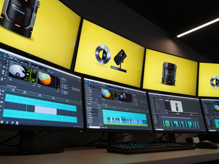 Dynamic low-angle shot of a modern editing suite with multiple monitors displaying vibrant high-saturation timelines and digital-native ads, acid-yellow backlights