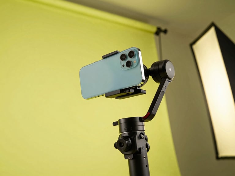 Dynamic low-angle shot of a product commercial shoot, high-saturation neon yellow backlights, crisp studio setup, camera on a high-speed stabilizer capturing a sleek smartphone.