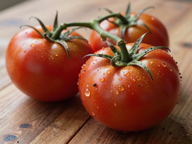 Macro detail shot of freshly harvested heirloom tomatoes with soil clinging to their skins, resting on a rustic wooden worktable under soft morning light.