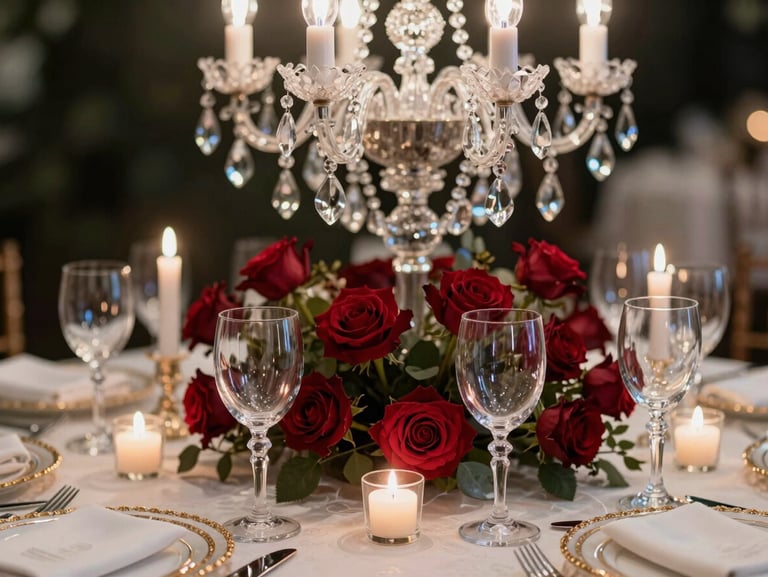 Close-up medium shot of a wedding table vignette — crystal chandelier drops reflected in polished glassware, deep ruby rose centrepiece, ivory linen with gold-thread detail, candlelight as the primary light source, no people, editorial still-life framing