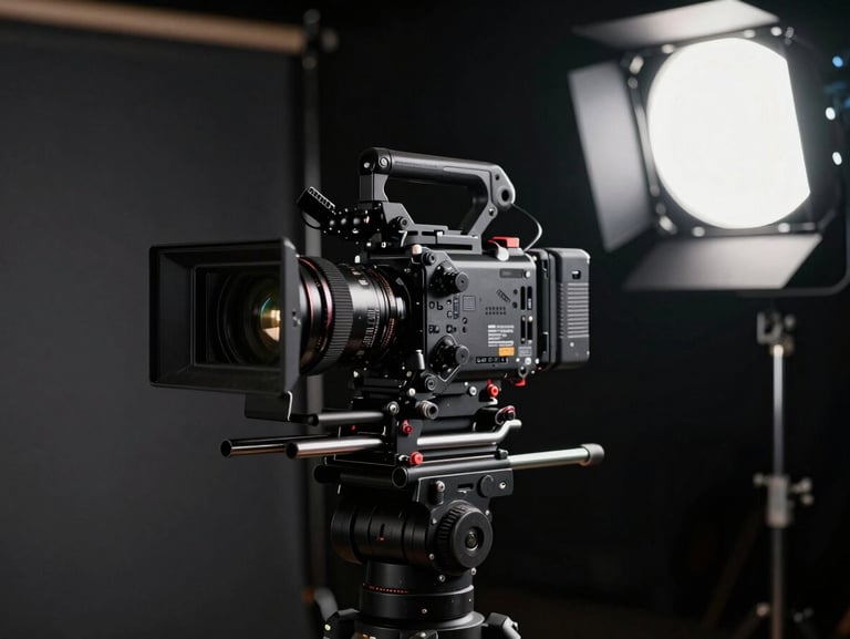 Moody behind-the-scenes shot of an active production set, professional cinema camera rigged on a stabilizer, dramatic key light, dark studio background.