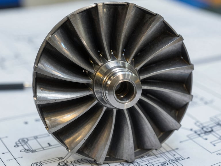 Macro close-up of a high-precision metal turbine component, sharp industrial lines, cool natural daylight, deep shadows, technical blueprint background