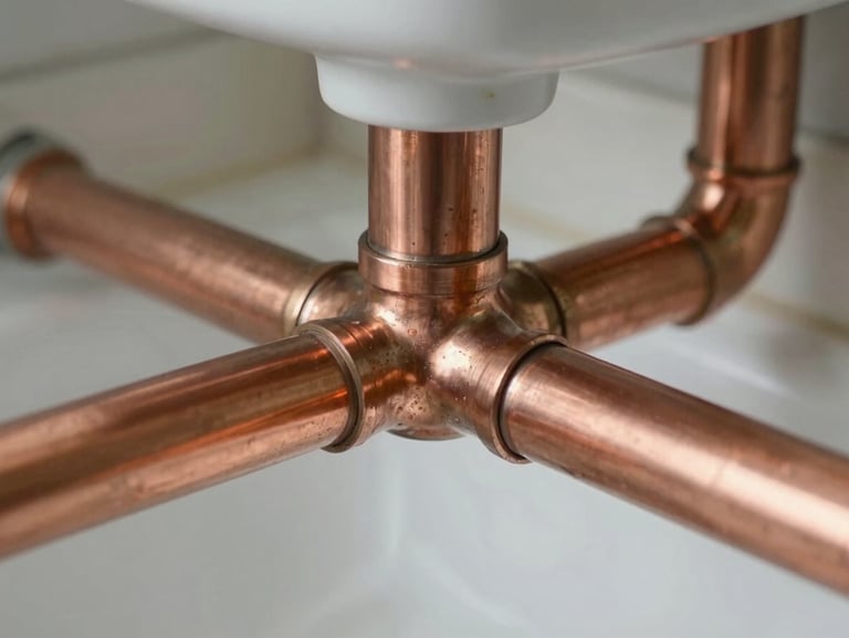 Close-up of clean copper pipes under a bathroom sink, perfectly sealed joint, crisp natural lighting
