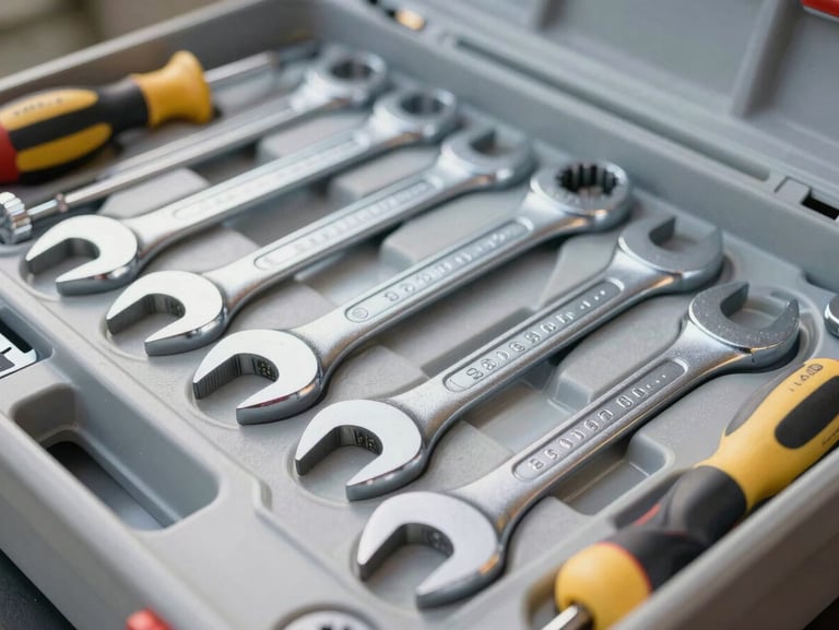 Close-up of a neatly organized modern toolbox with professional wrenches and screwdrivers, bright daylight, clean slate gray background