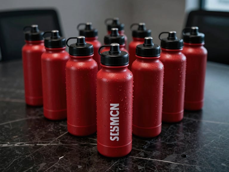 Low-angle heroic shot of custom branded 330ml water bottles arranged on a dark marble corporate conference table, sharp highlights, 85mm
