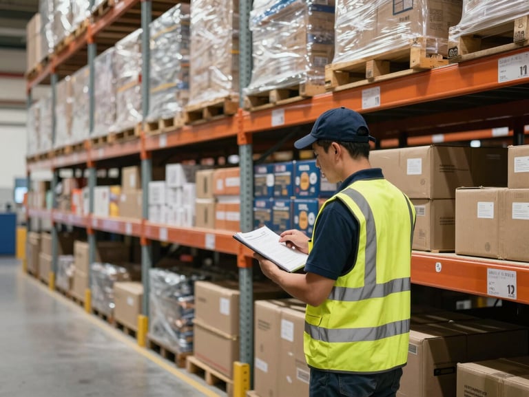 Medium shot of warehouse operations in progress — a worker in a high-visibility vest scanning inventory on a mid-aisle shelf, rows of organized product categories behind them, bright neutral fluorescent lighting, real working environment, no posed moment