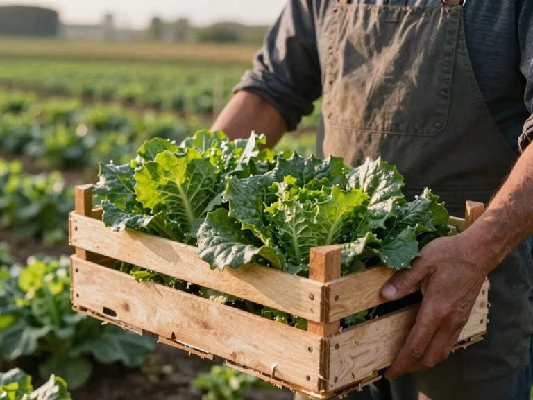 Hands of a grower holding a wooden crate of dark leafy greens in a sunlit field, soft focus background of the farm, natural low-key lighting.