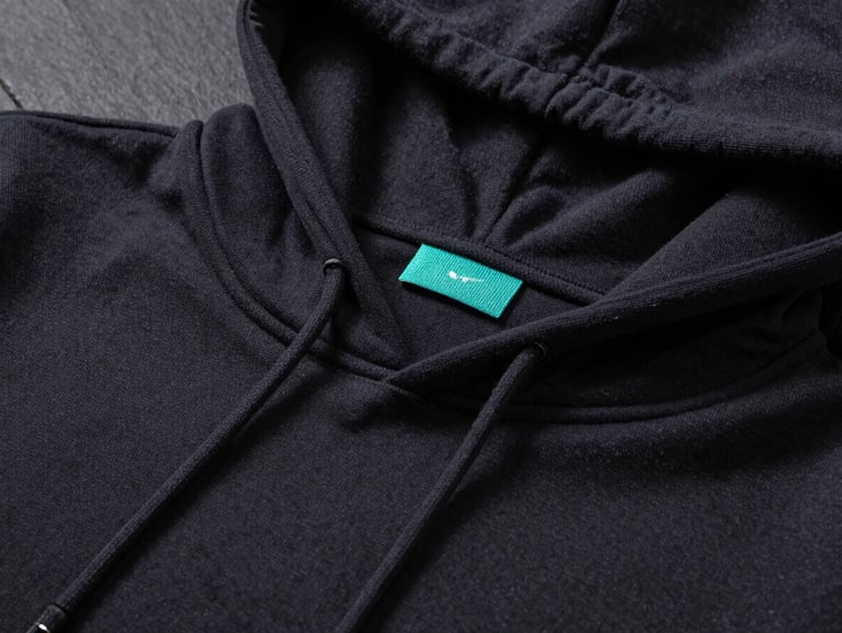 Moody low-key studio shot of a dark slate folded hoodie with a custom woven electric teal neck tag stitched cleanly into the collar.