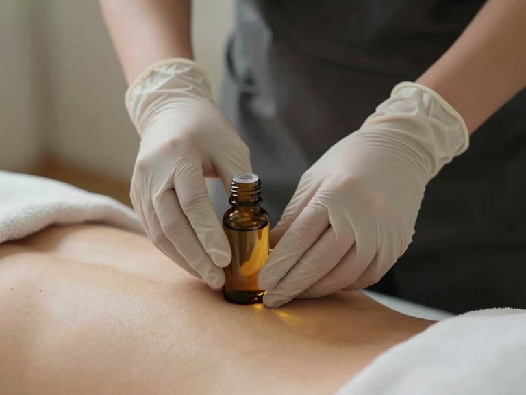 Close-up of a practitioner's hands in clean clinical gloves applying organic herbal oil to a client's back in a minimalist, serene setting.