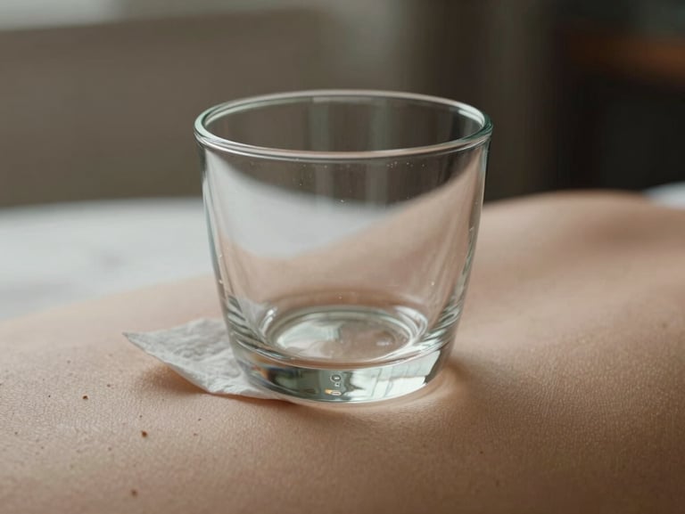 Macro shot of a single round glass cup placed on clean skin, showing the gentle lift of the tissue under soft, diffused natural light.