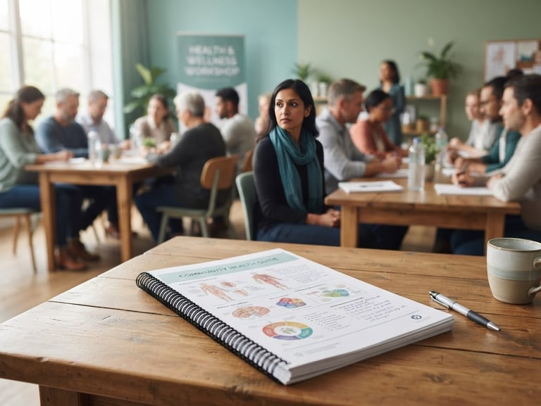 Clean editorial photography of a community health seminar, bright natural daylight, soft teal tones, focus on a medical guide on a wooden table with participants in the soft-focus background