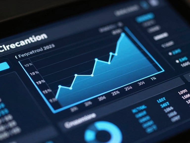 Macro close-up of a dark financial dashboard UI with glowing electric blue charts, sharp borders, and clean typography.