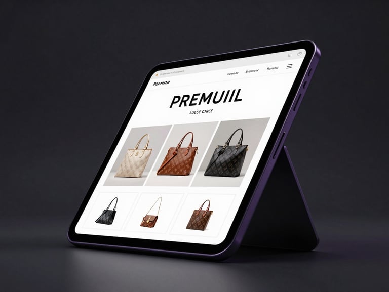 Angled device mockup of a premium minimalist e-commerce store displaying luxury products under low-key studio lighting with purple edge-glow.