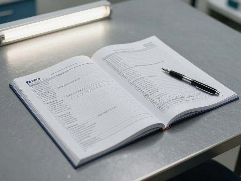 Wide shot of a multi-page asbestos inspection report spread open on a steel-gray table, pen resting beside it, overhead neutral fluorescent light, clean clinical composition