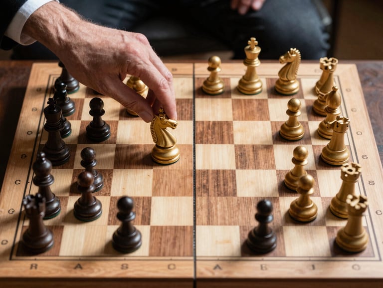 A top-down landscape view of a wooden chess board during an intense tournament match, a hand hovering over a golden knight piece, sharp shadows across the board.