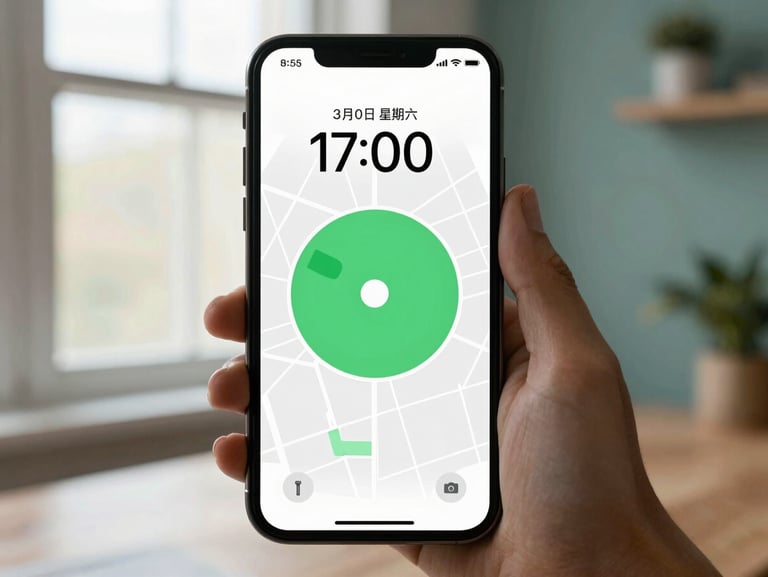 A clean smartphone screen showing a map interface with a green geofence circle and a live timer running, warm editorial lighting.
