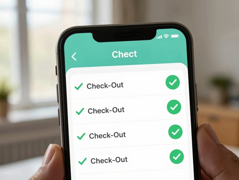 A close-up of a mobile interface showing verified check-in and check-out logs with green checkmarks, natural daylight.