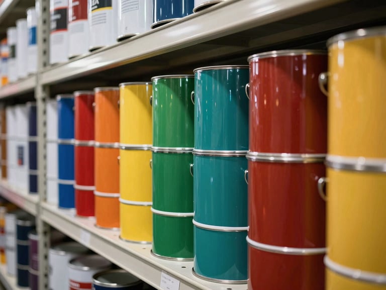 Wide shot of paint cans and color swatches lined on a warehouse shelf, bold solid colors visible, high-contrast overhead lighting