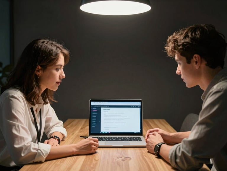 Medium two-shot of a brand representative and a TikTok creator reviewing campaign data on a laptop screen in a dark-lit meeting room, sharp overhead key-light, both focused on the screen, no eye contact with camera, professional negotiation setting