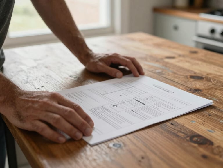 Close shot of a homeowner's hands resting on a kitchen table beside a printed property sheet, warm afternoon window light, worn wooden table surface, candid documentary framing
