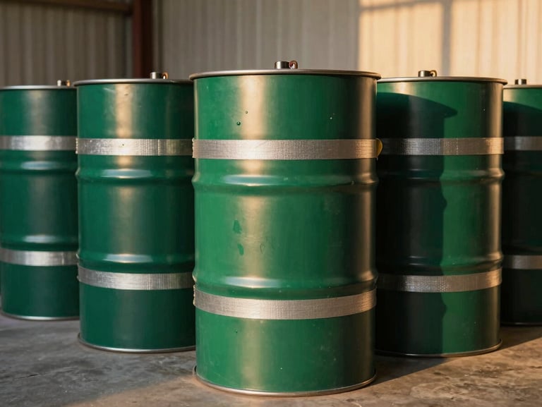 Industrial chemical storage drums secured with heavy straps inside a well-lit logistics warehouse, 35mm
