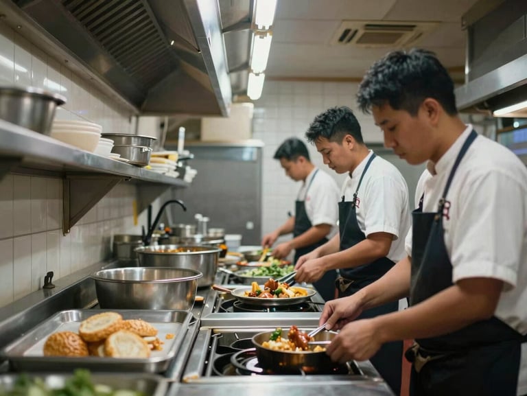 Wide environmental shot of a Manila restaurant kitchen mid-service — line cooks at their stations, sheet pans and equipment in motion, overhead fluorescent strip lighting, tiled walls visible in background