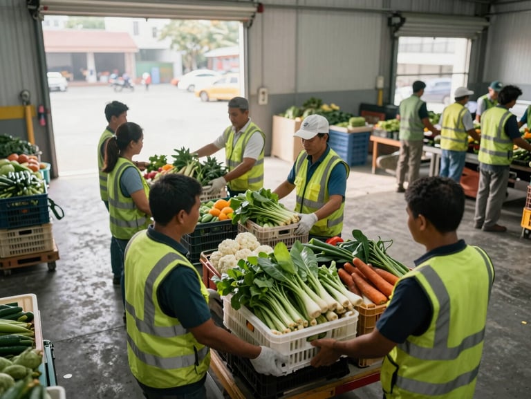Close-up overhead of a Ho Chi Minh City food distribution facility — workers in high-vis vests handling crated vegetables on a loading dock, morning daylight through wide loading bay doors, concrete floor